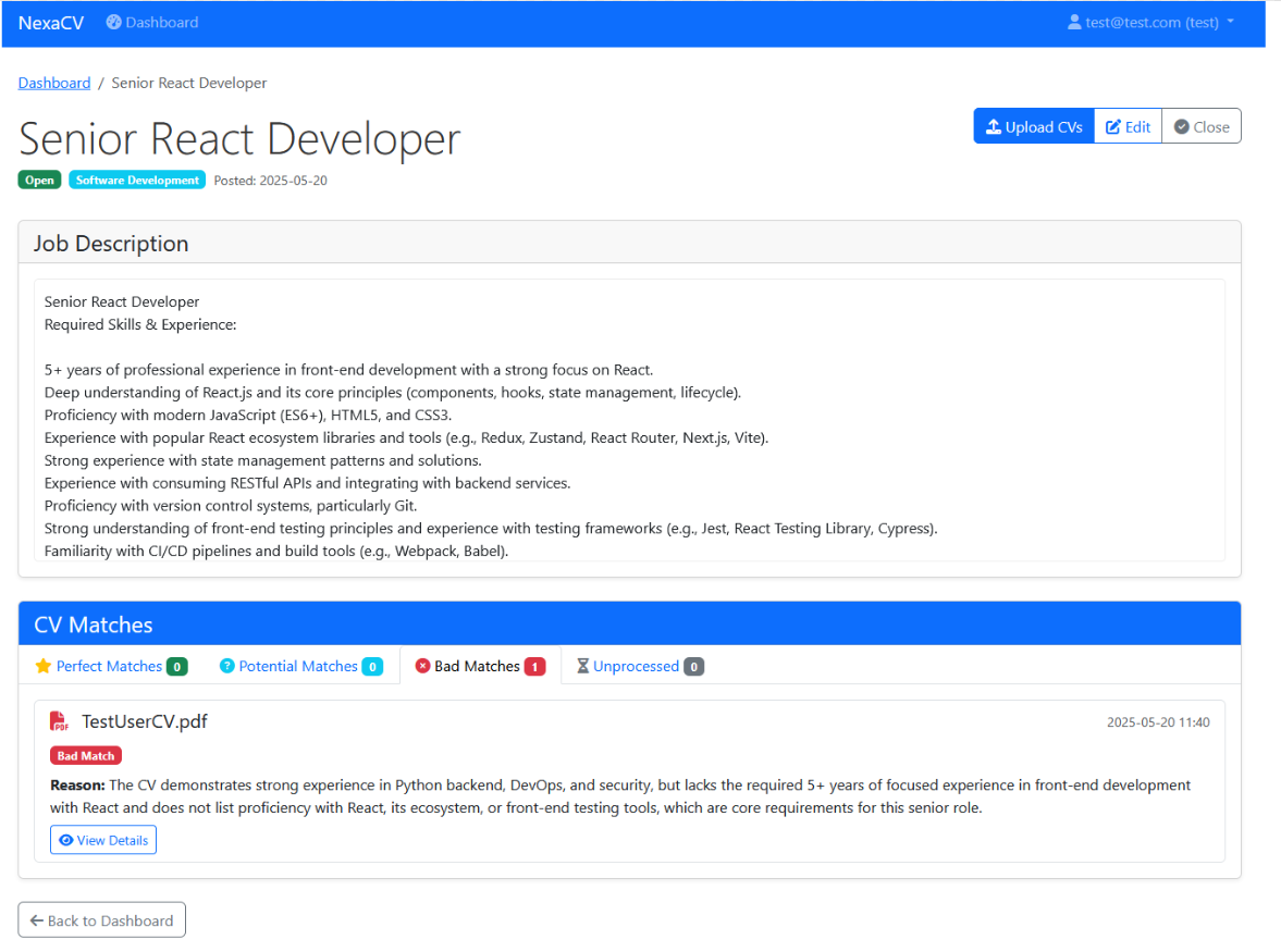 NexaCV React Developer CV Analysis