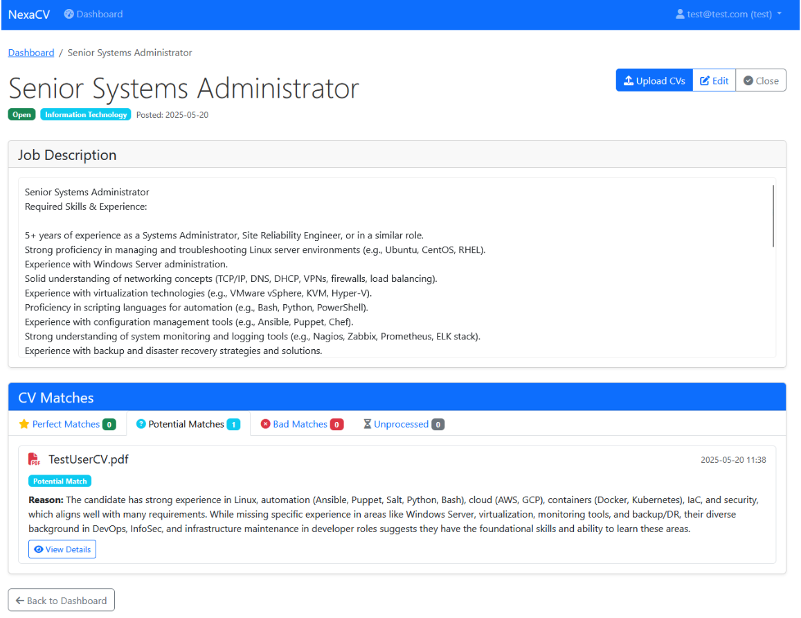 NexaCV System Administrator CV Analysis